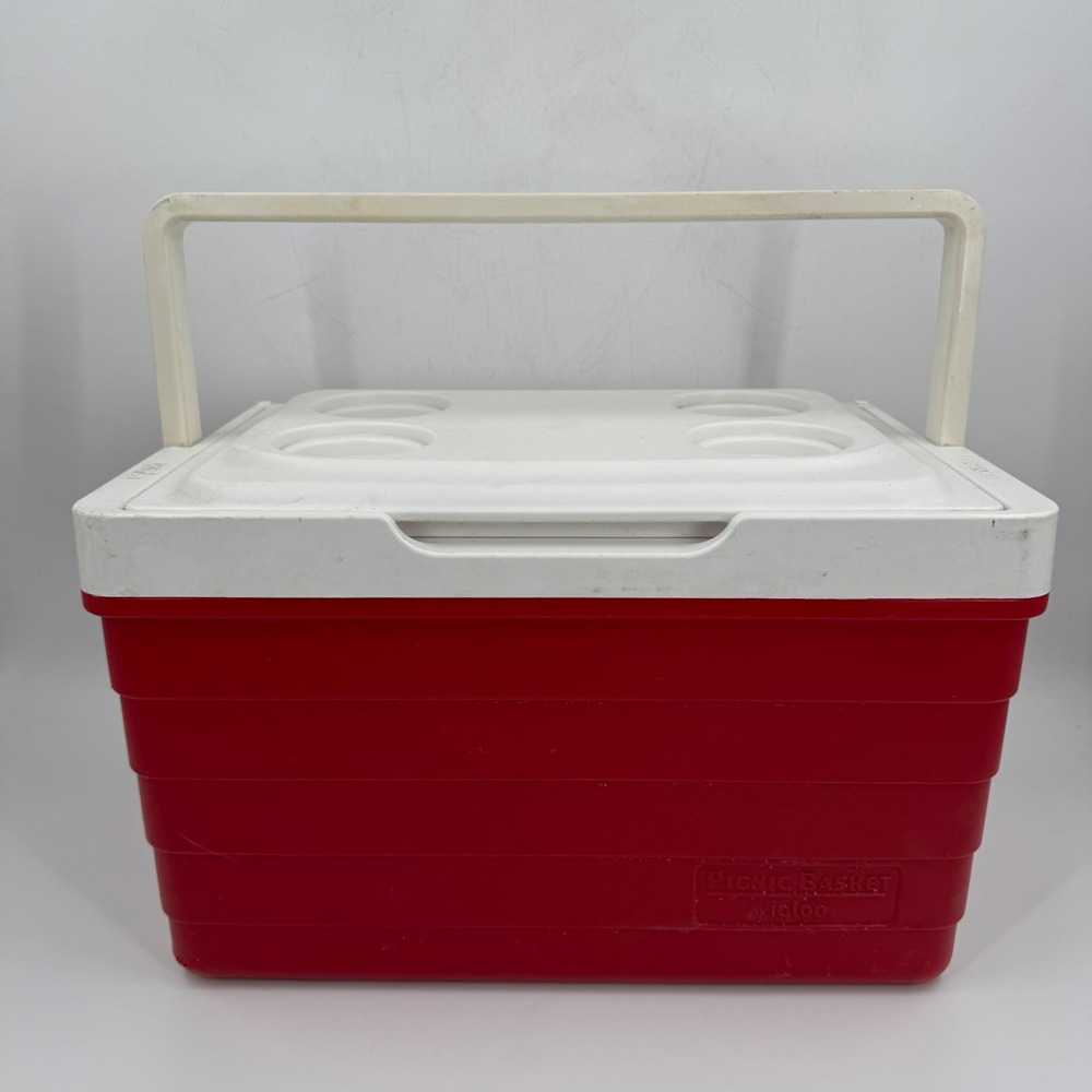 Igloo Picnic Basket Cooler Red White Vintage Ribbed Cup Holders USA